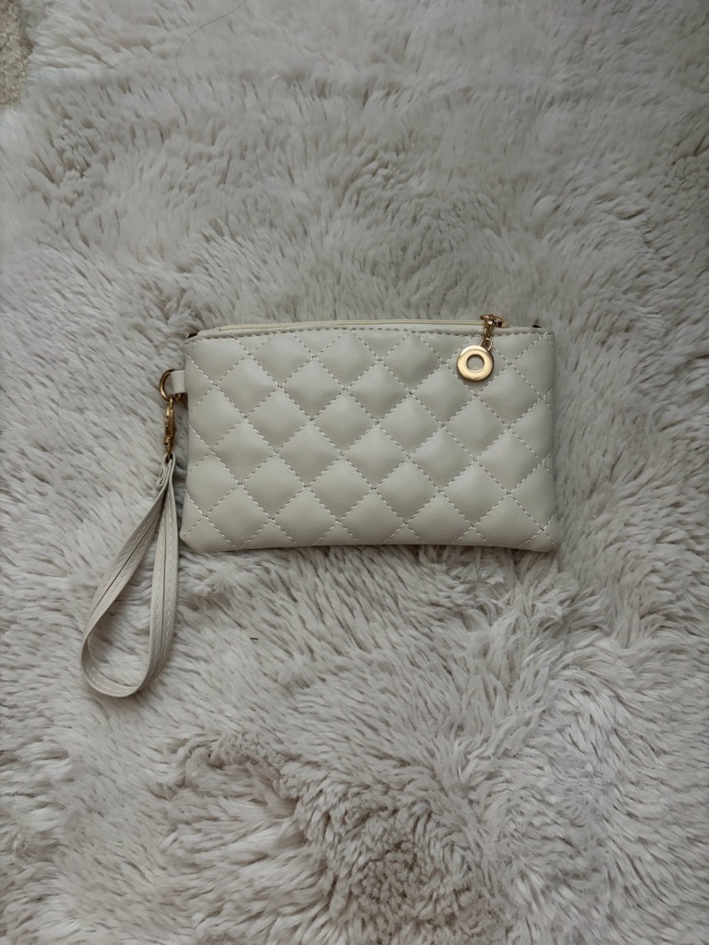 Quilted Cream Wristlet Clutch with Gold Accent